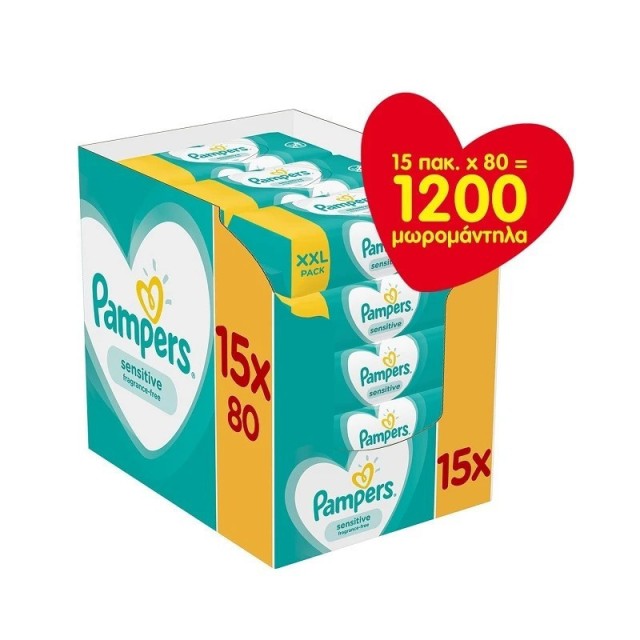 Pampers Baby Wipes Sensitive Monthly Bοx Μωρομάντηλα, 15x80 Τεμάχια [1.200 Τεμάχια]