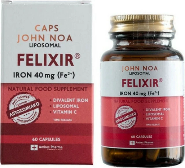 John Noa Liposomal Felixir Iron 40mg + Vitamin C Συμπλήρωμα Διατροφής  Σιδήρου Λιποσωμιακής Φόρμουλας με Βιταμίνη C 60 Κάψουλες | Heals