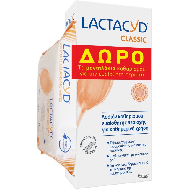 Lactacyd PROMO Classic Intimate Washing Lotion Για Την Ευαίσθητη Περιοχή 300ml + ΔΩΡΟ Intimate Μαντηλάκια Καθαρισμού 15 Τεμάχια