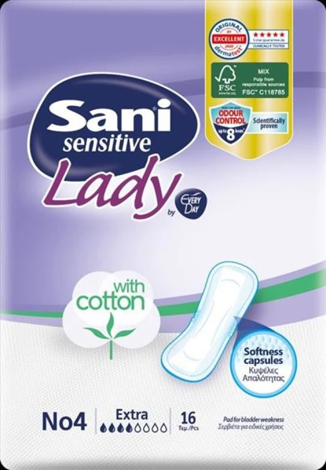 Sani Sensitive Lady With Cotton No4 Extra Σερβιέτες Ακράτειας με Βαμβάκι,  16 Τεμάχια | Heals